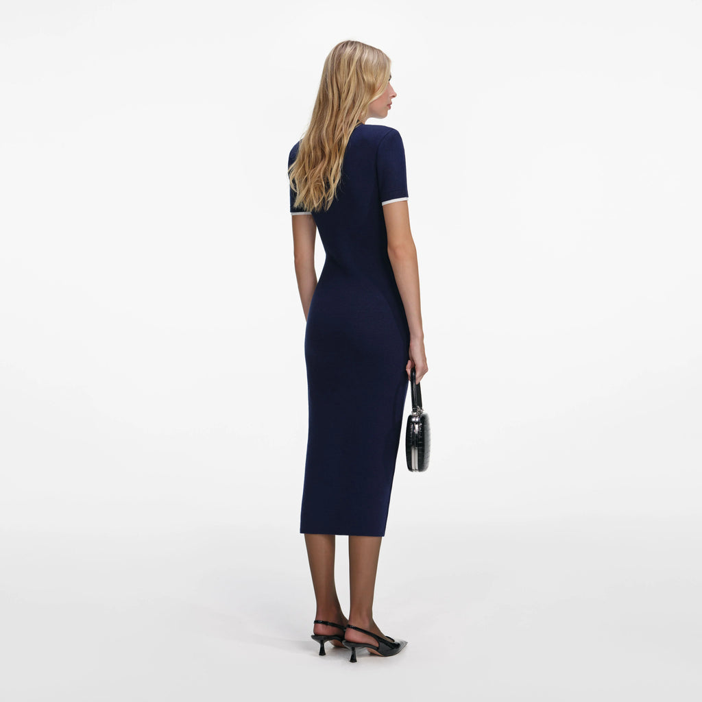 Navy Crochet Flower Knit Midi Dress