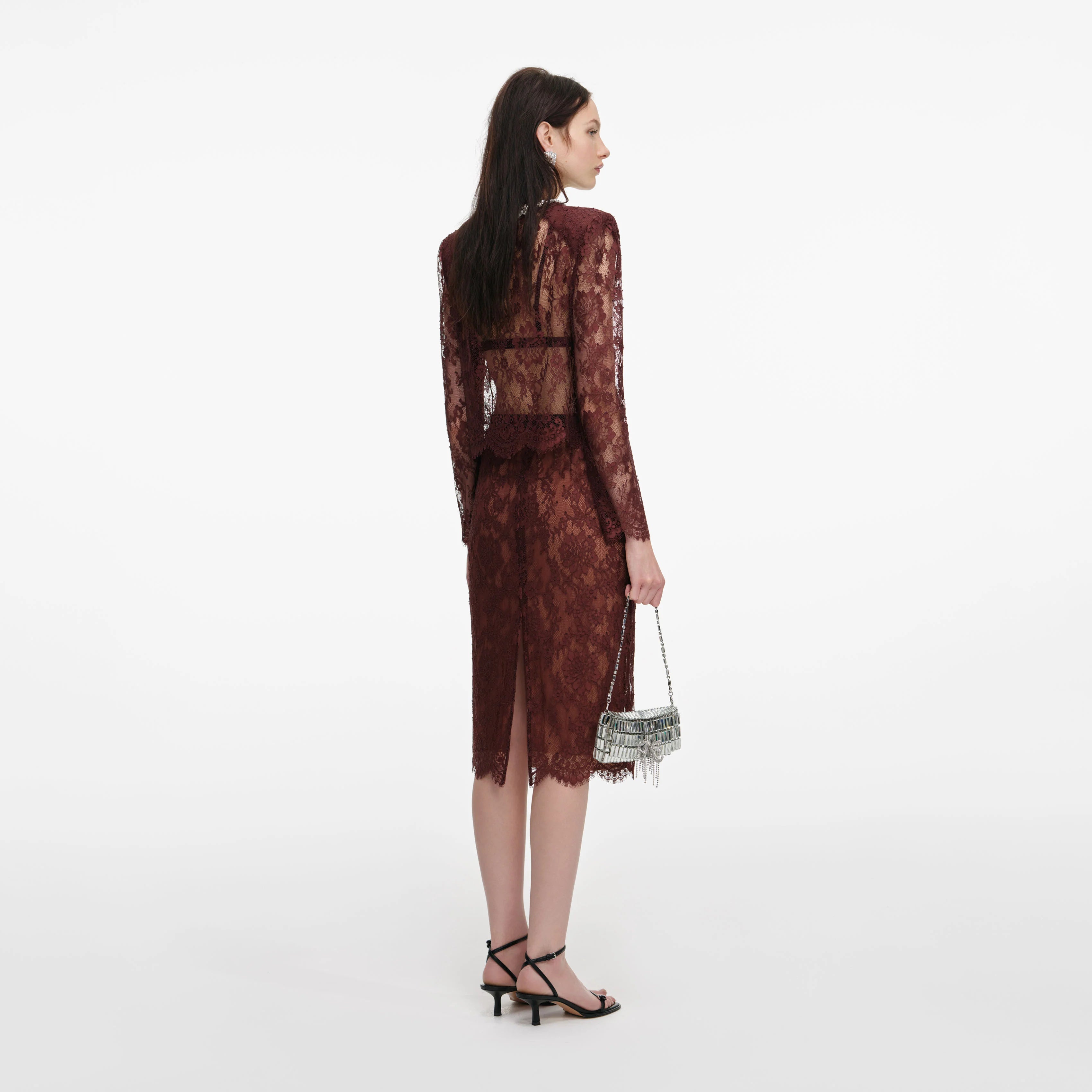 Brown Floral Lace Midi Skirt