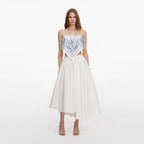 White And Blue Embroidered Linen Top
