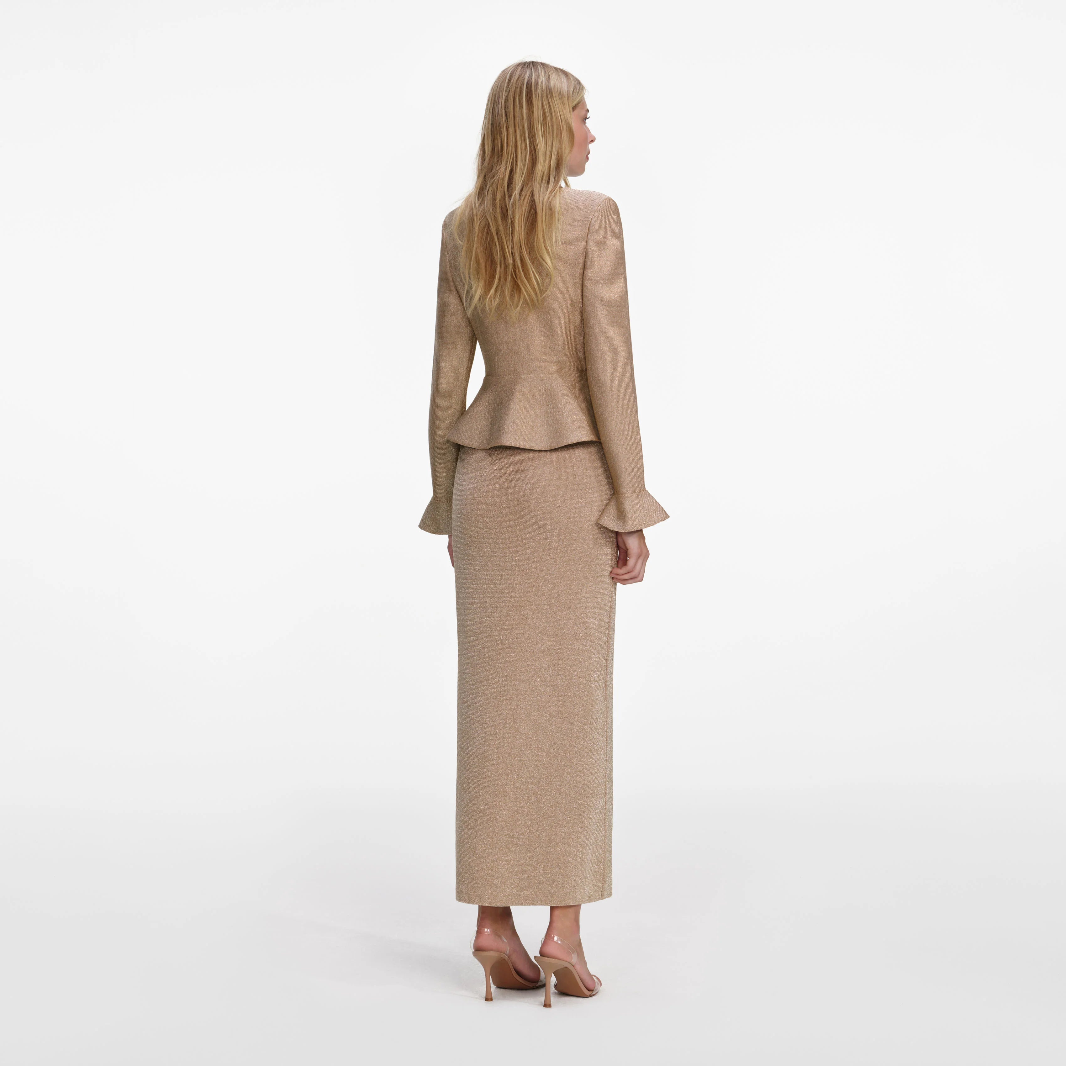 Gold Crystal Trim Knit Midi Dress