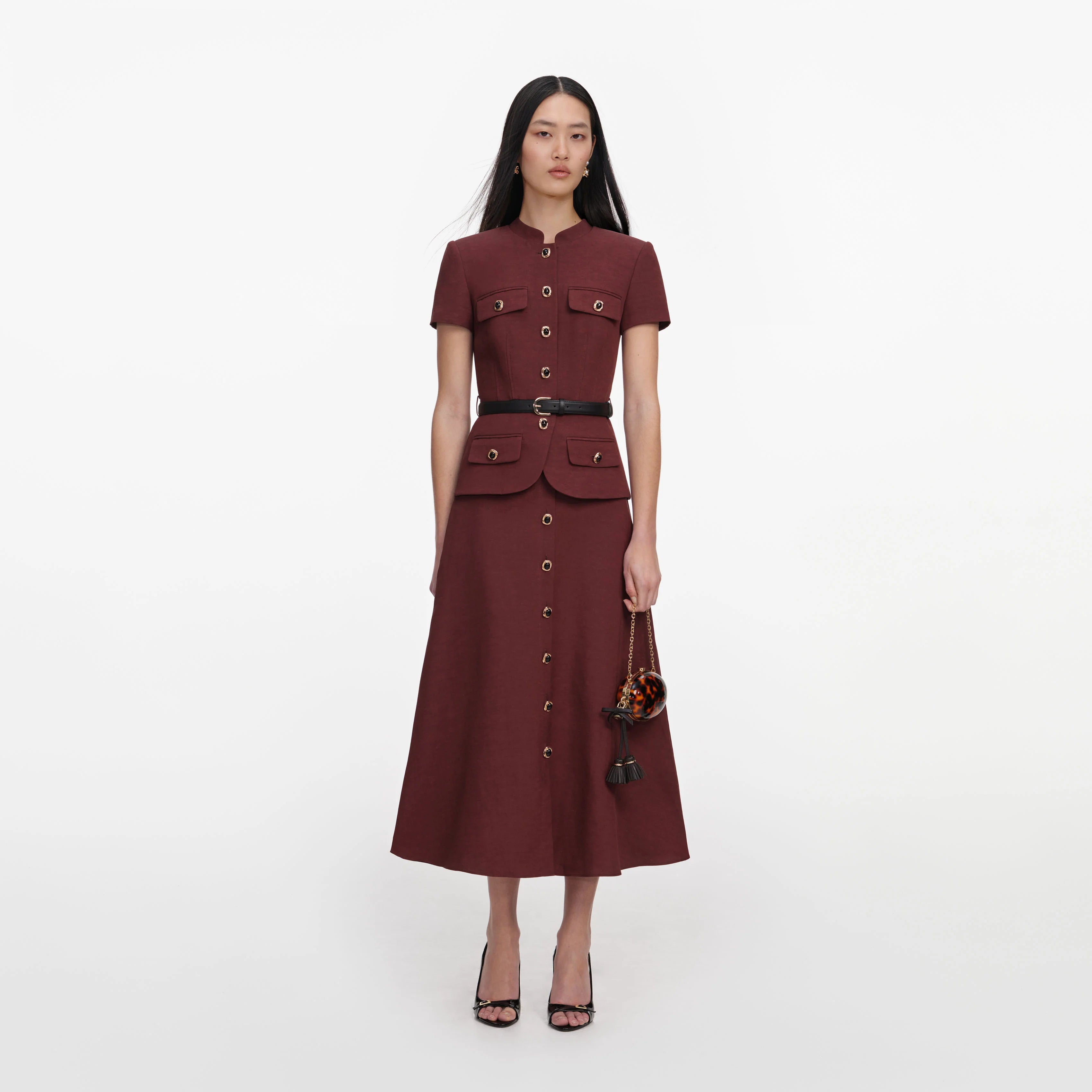 Brown Peplum Linen Blend Midi Dress