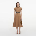 Tan Twill Belted Midi Dress
