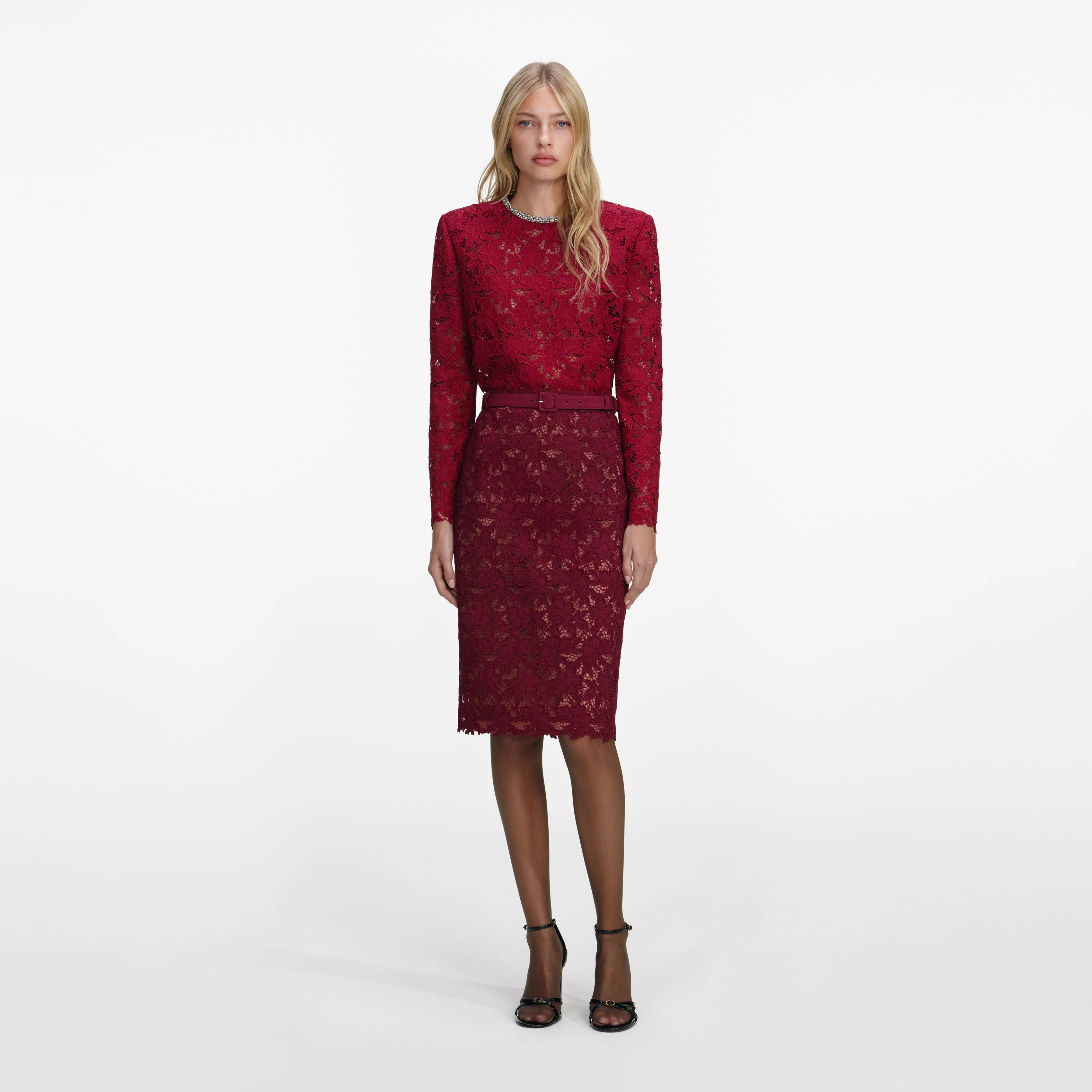 Burgundy Guipure Lace Midi Skirt