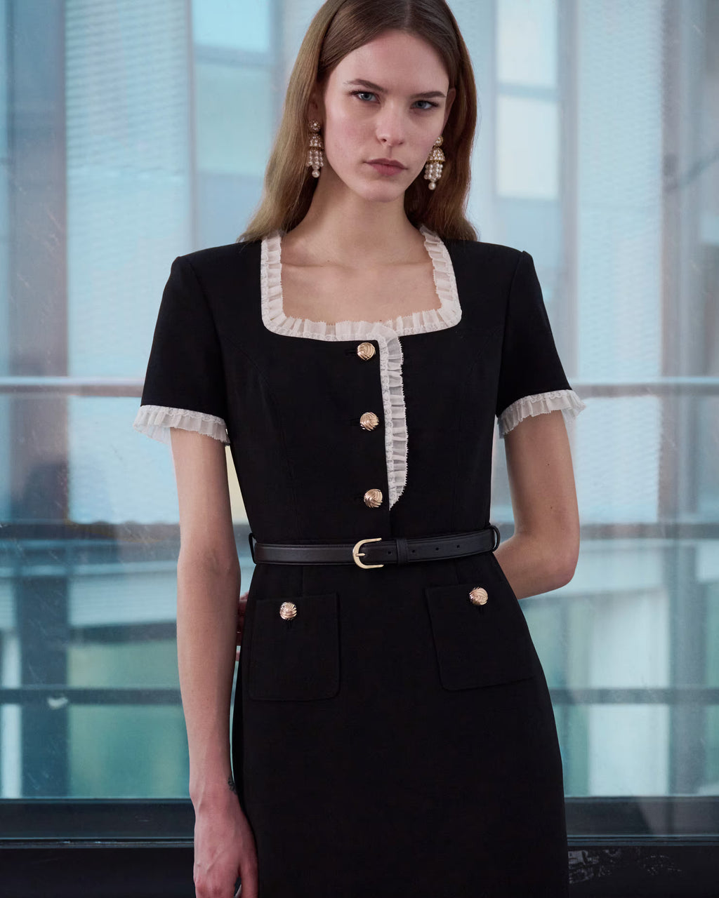 Black Crepe Contrast Frill Midi Dress