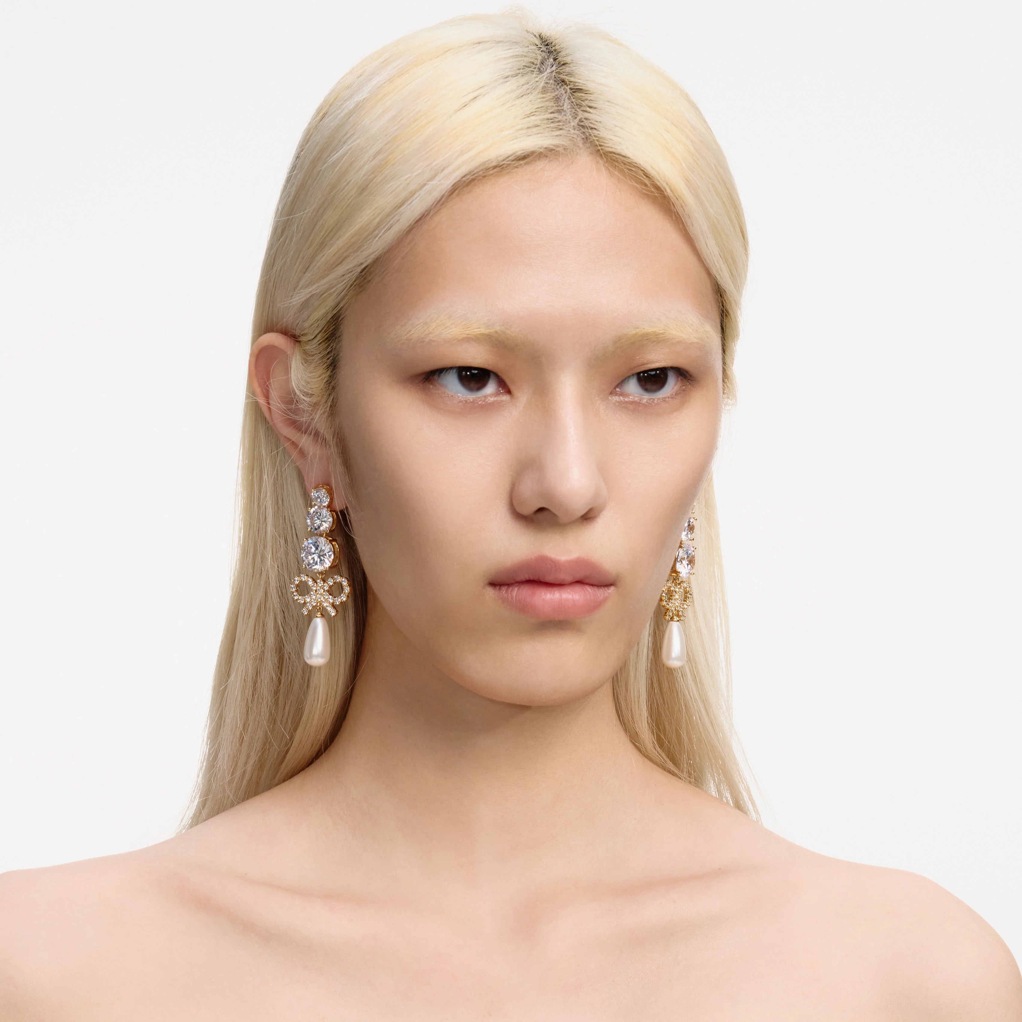 Gold Crystal Bow Pearl Earrings