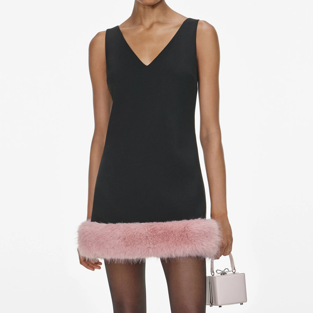 Black Crepe Fur Hem Mini Dress