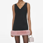 Black Crepe Fur Hem Mini Dress