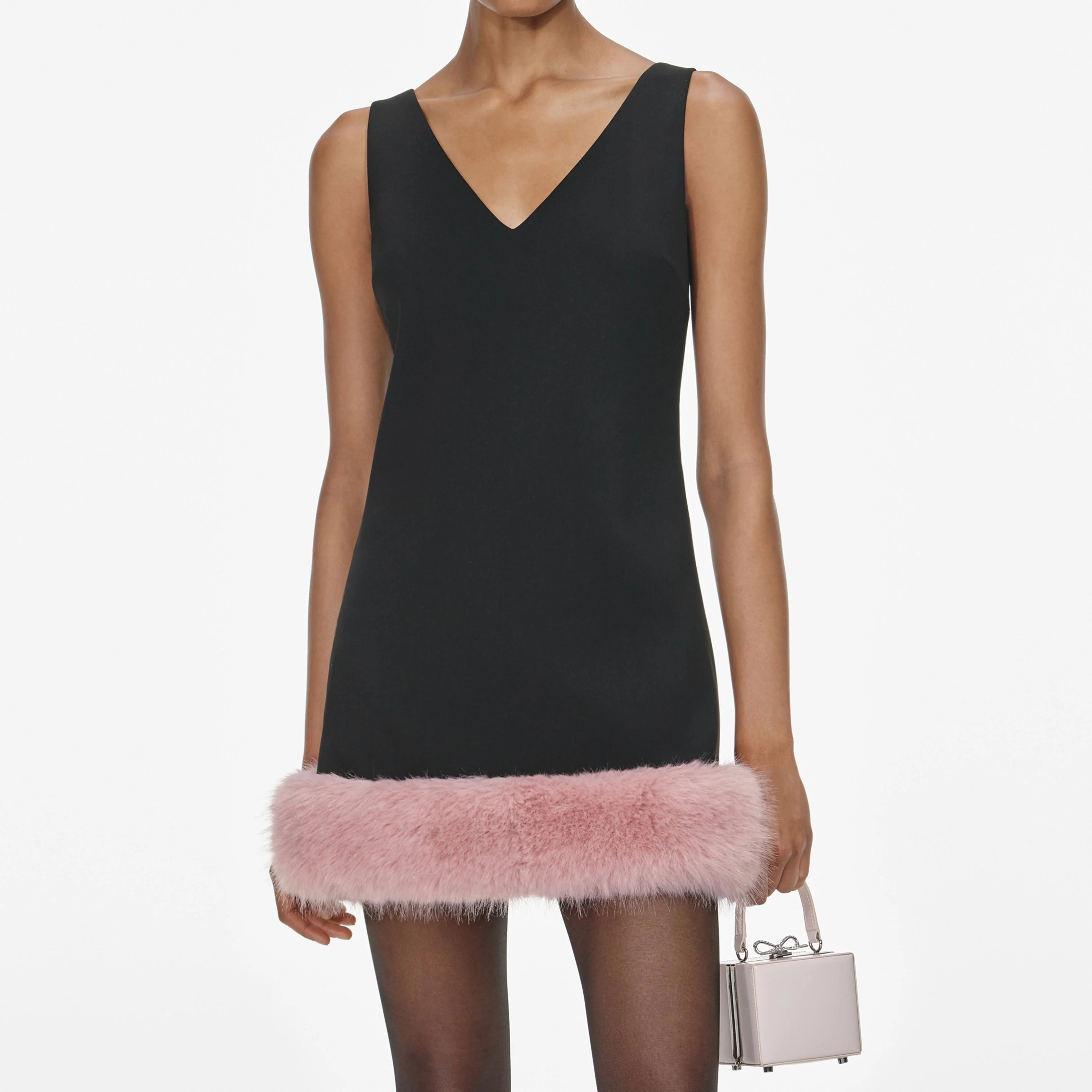 Black Crepe Fur Hem Mini Dress