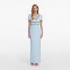 Blue Crepe Embellished Bow Maxi Dress