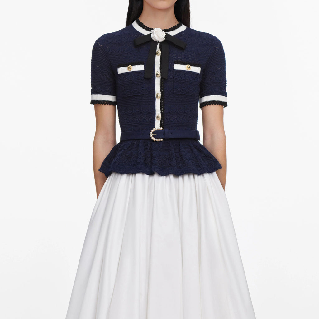 Navy Peplum Pointelle Knit Top
