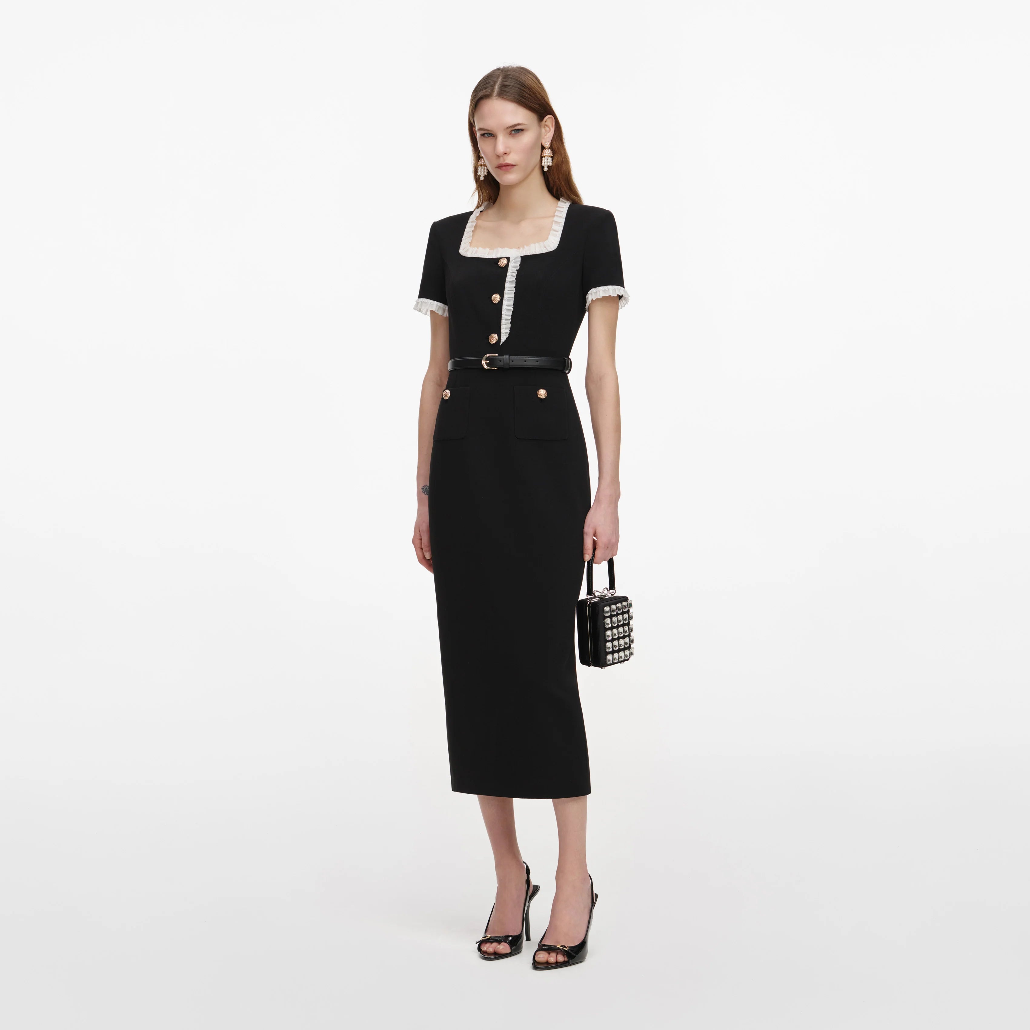 Black Crepe Contrast Frill Midi Dress