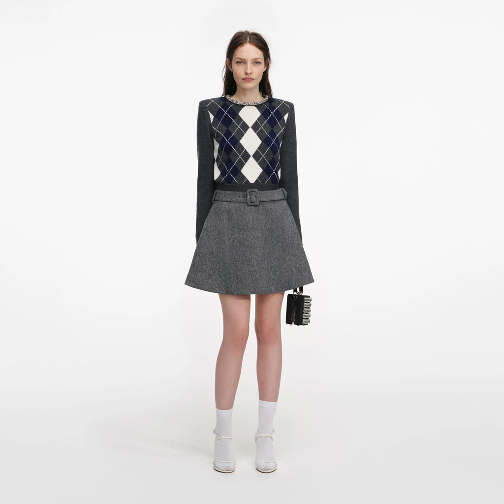 Grey Herringbone Flared Mini Skirt