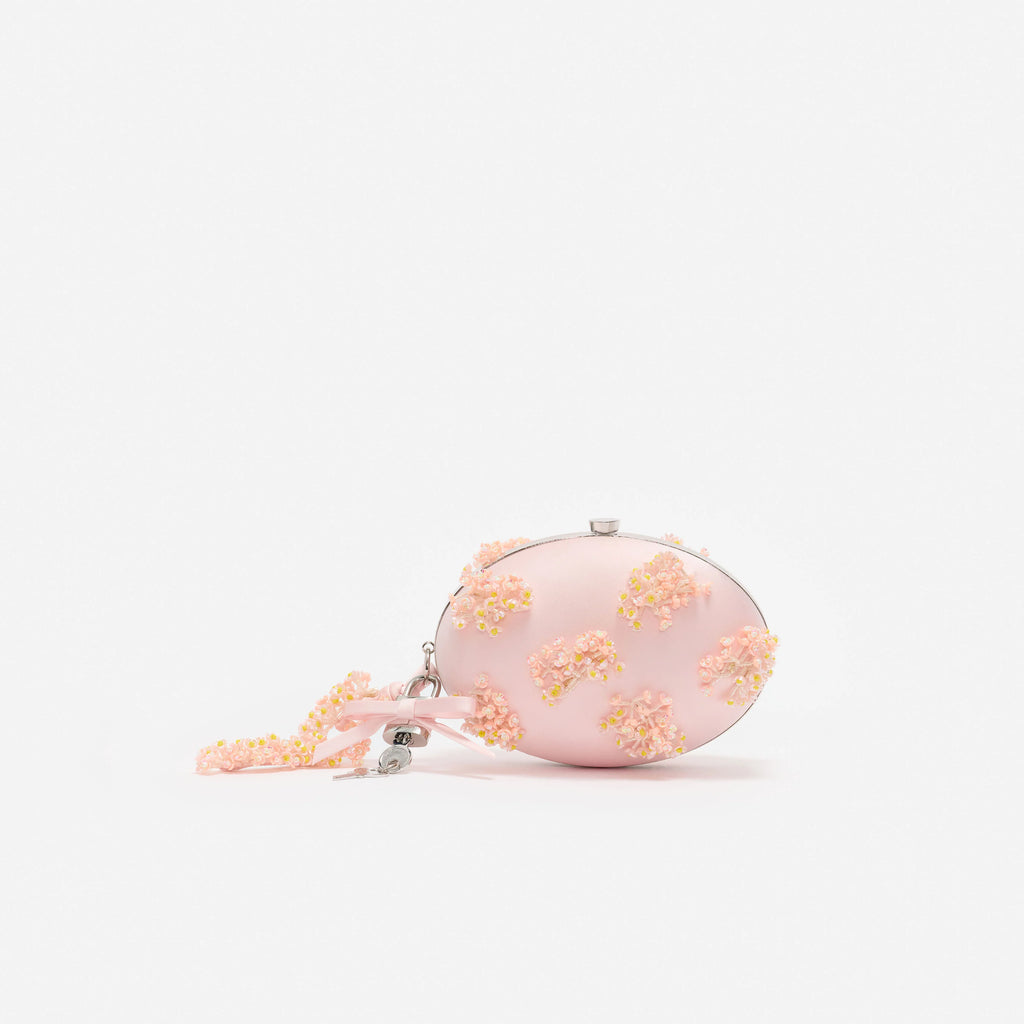 Pink Satin Floral Beaded Oval Clutch
