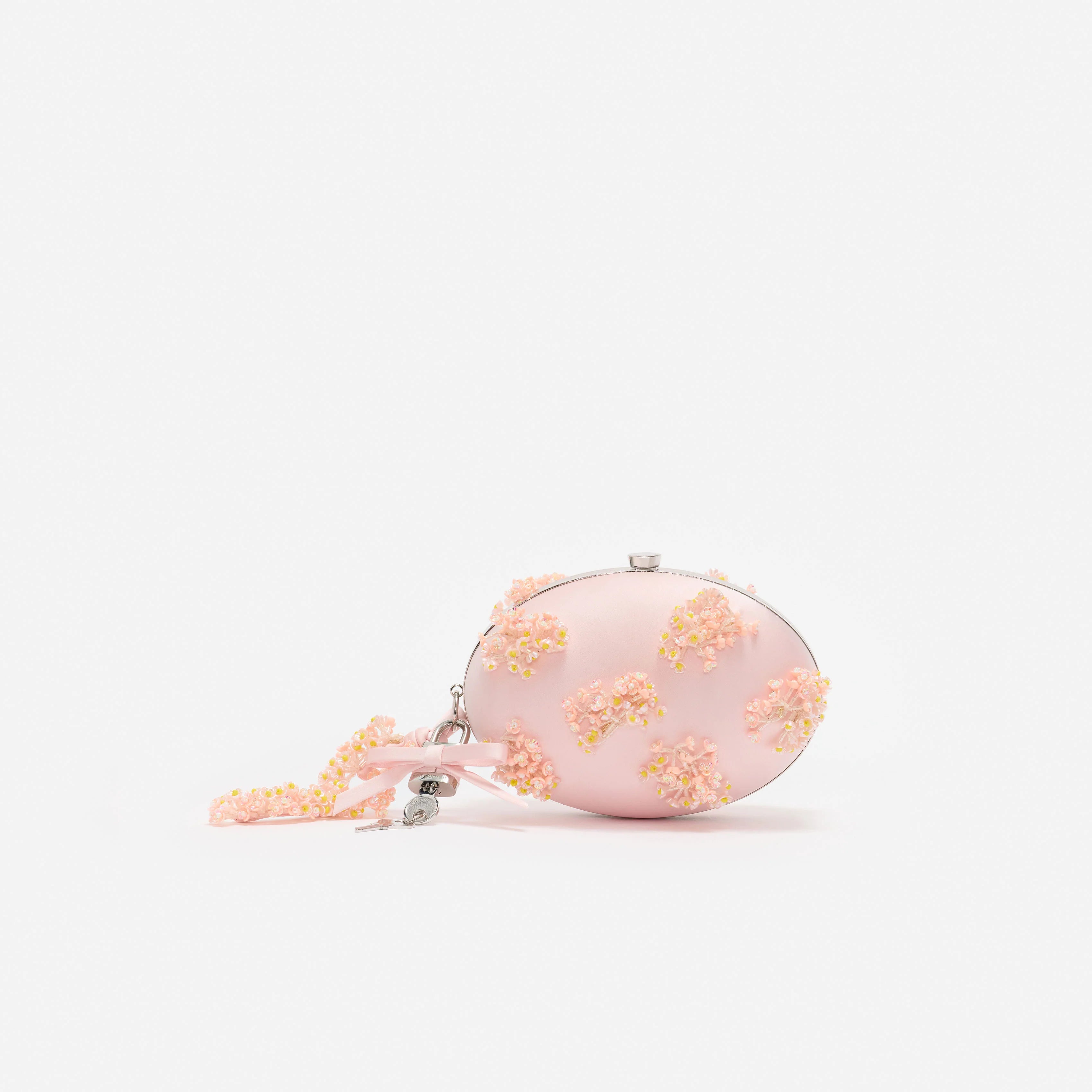 Pink Satin Floral Beaded Oval Clutch