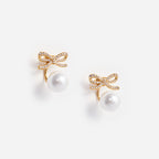 Gold Bow Pearl Jacket Earrings