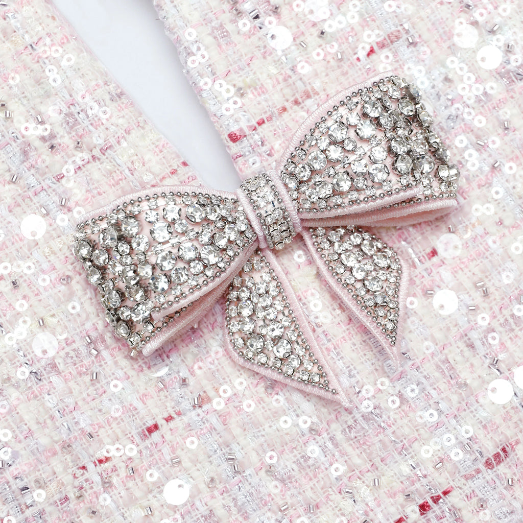 Pink Sequin Boucle Bow Mini Dress