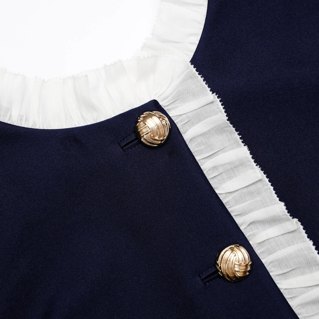 Navy Taffeta Contrast Frill Midi Dress