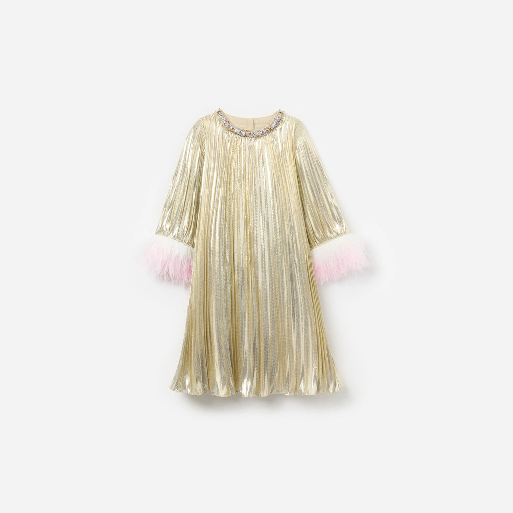 Gold Metallic Chiffon Feather Dress