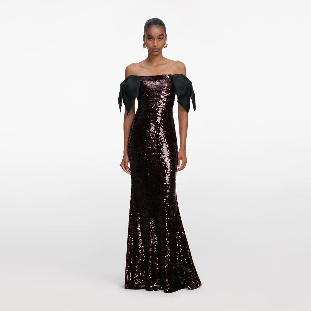 Brown Sequin Bow Maxi Dress