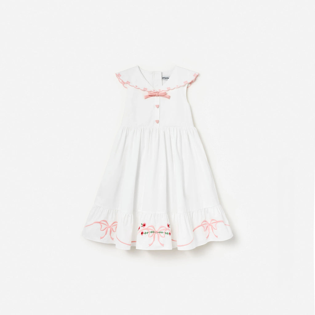 White Cotton Bow Embroidered Dress