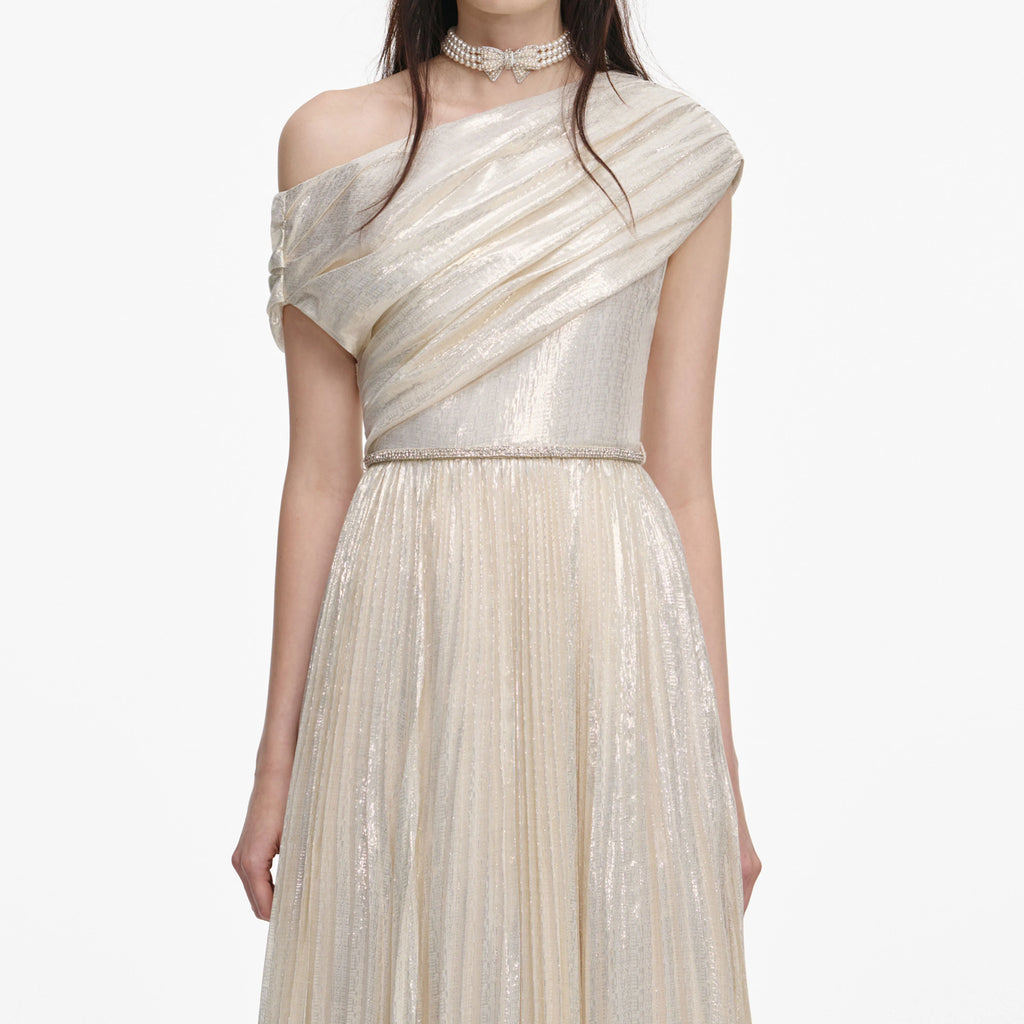Champagne Metallic Chiffon Maxi Dress