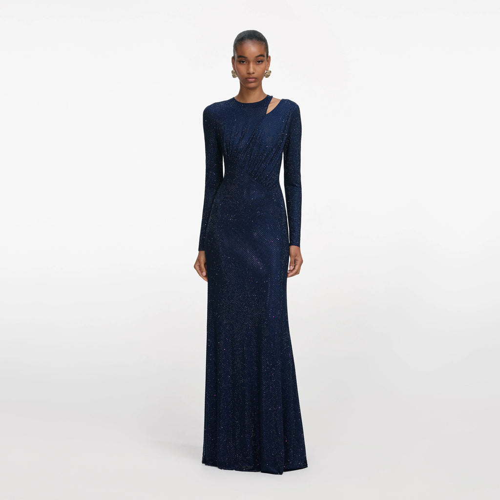 Navy Rhinestone Mesh Cut Out Maxi Dress