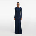 Navy Rhinestone Mesh Cut Out Maxi Dress