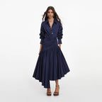 Navy Cotton Asymmetric Midi Dress