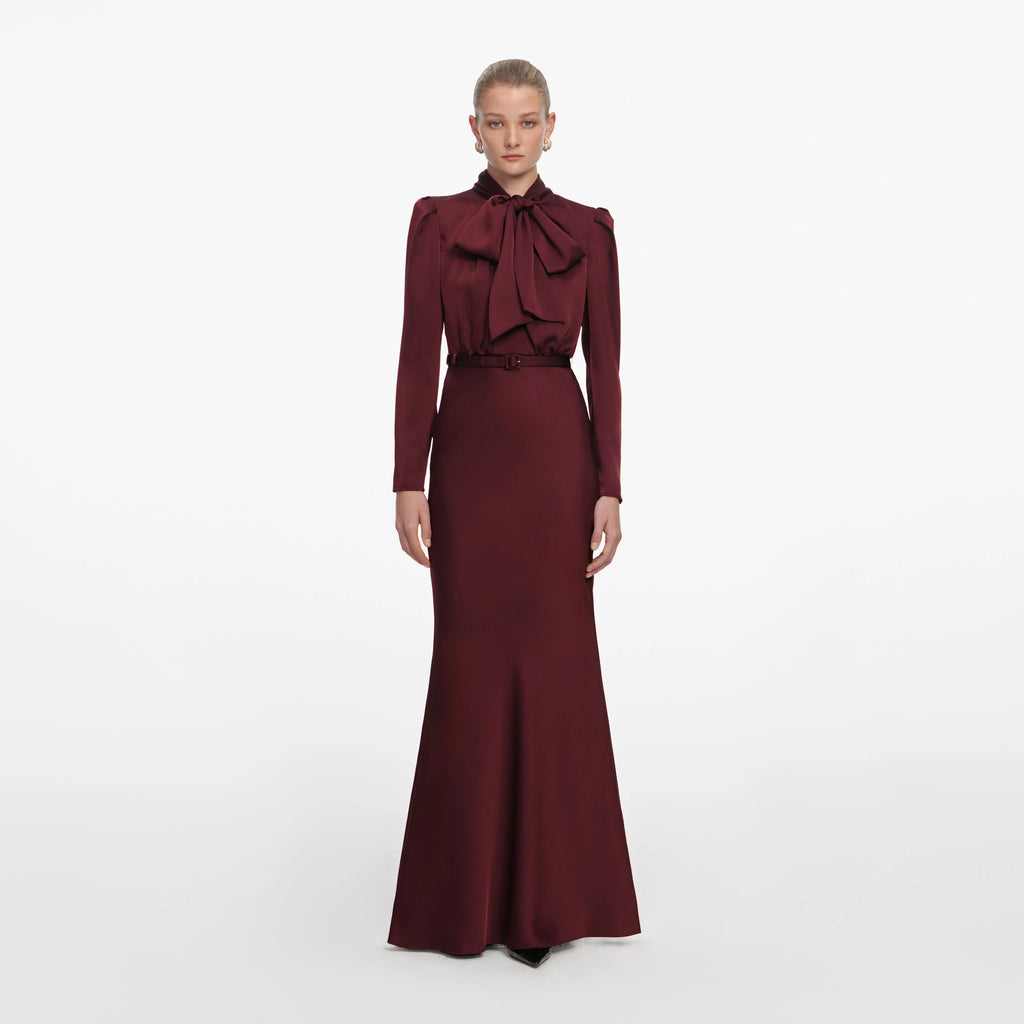 Burgundy Tie Neck Satin Maxi Dress