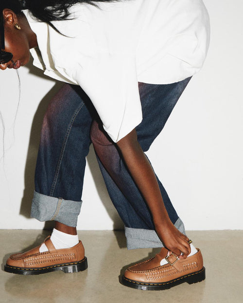Adrian T-Bar Woven Leather Mary Jane Shoes
