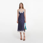 Navy Satin Polka Dot Midi Dress