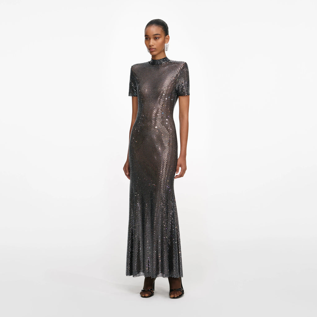 Gunmetal Rhinestone Mesh Midi Dress