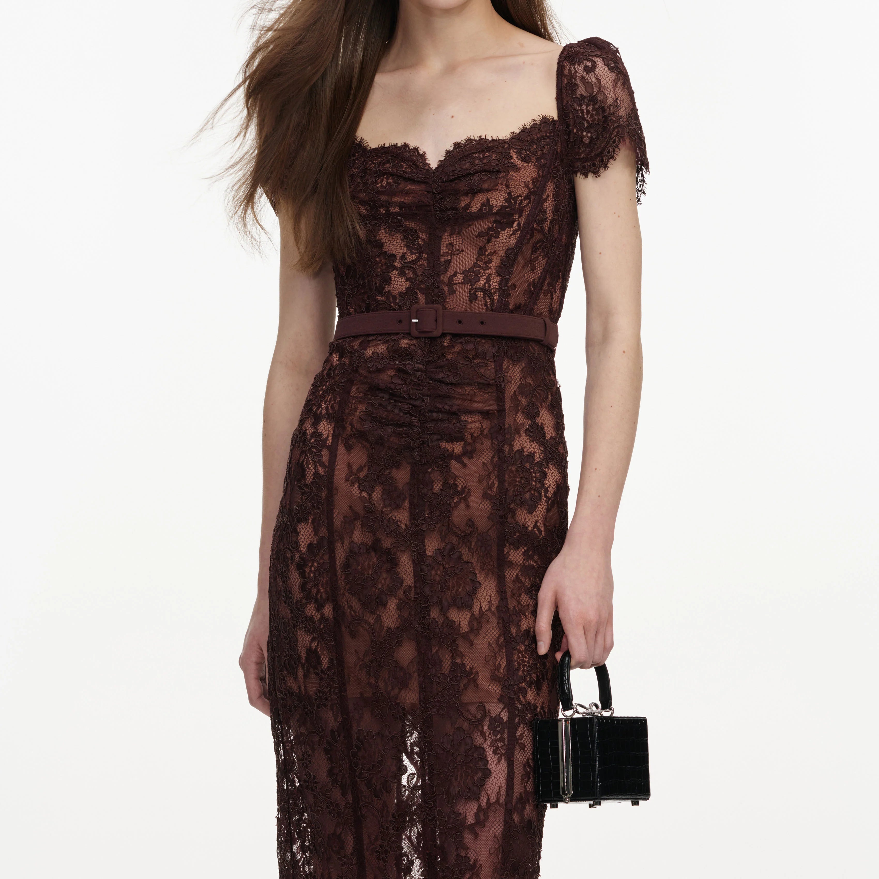 Brown Floral Lace Midi Dress