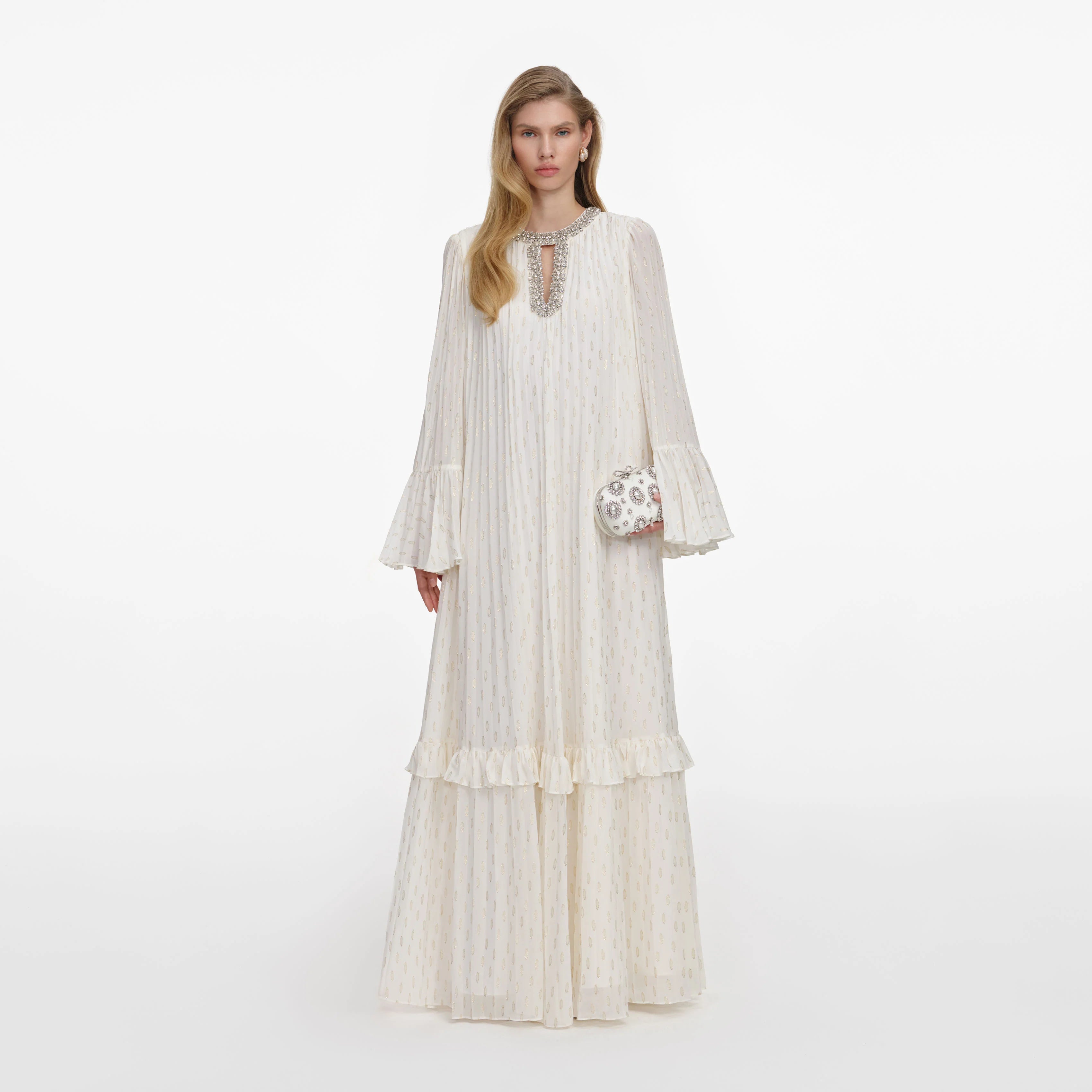 Cream And Gold Chiffon Maxi Dress