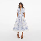 White And Blue Embroidered Midi Dress