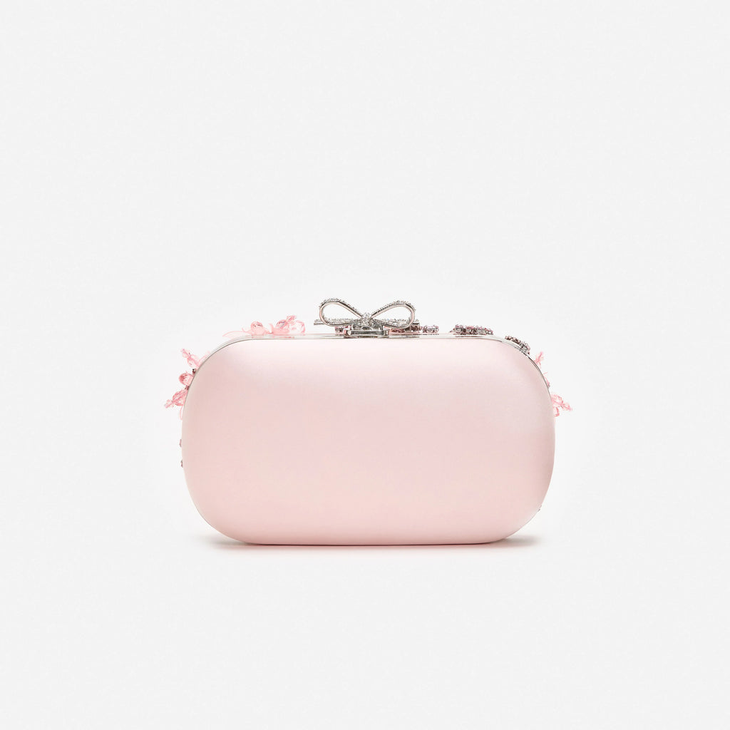 Pink Satin Floral Crystal Clutch