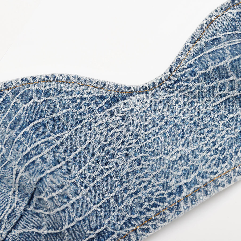 Rhinestone Croc Effect Denim Bralette