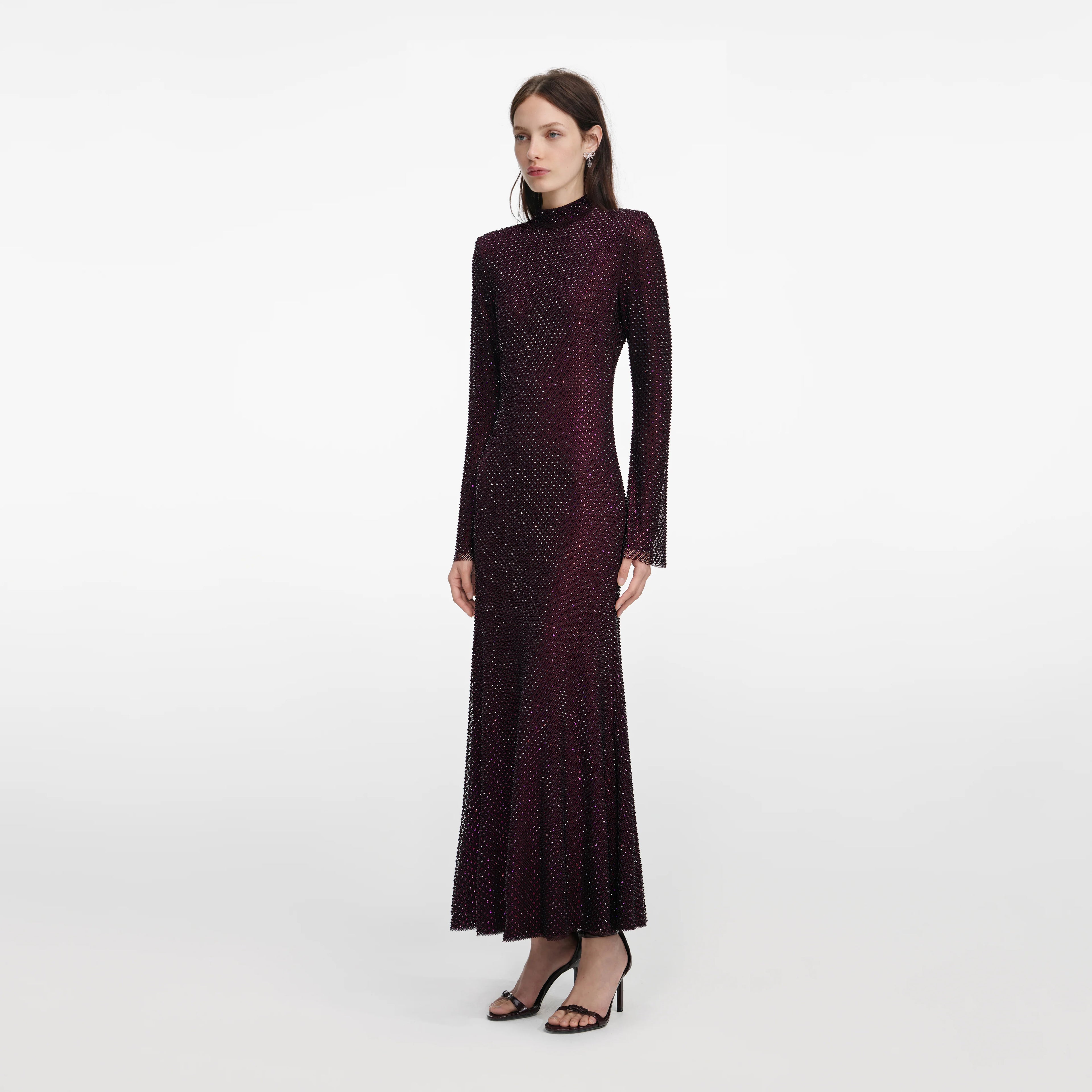 Burgundy Rhinestone Fishnet Midi Dress