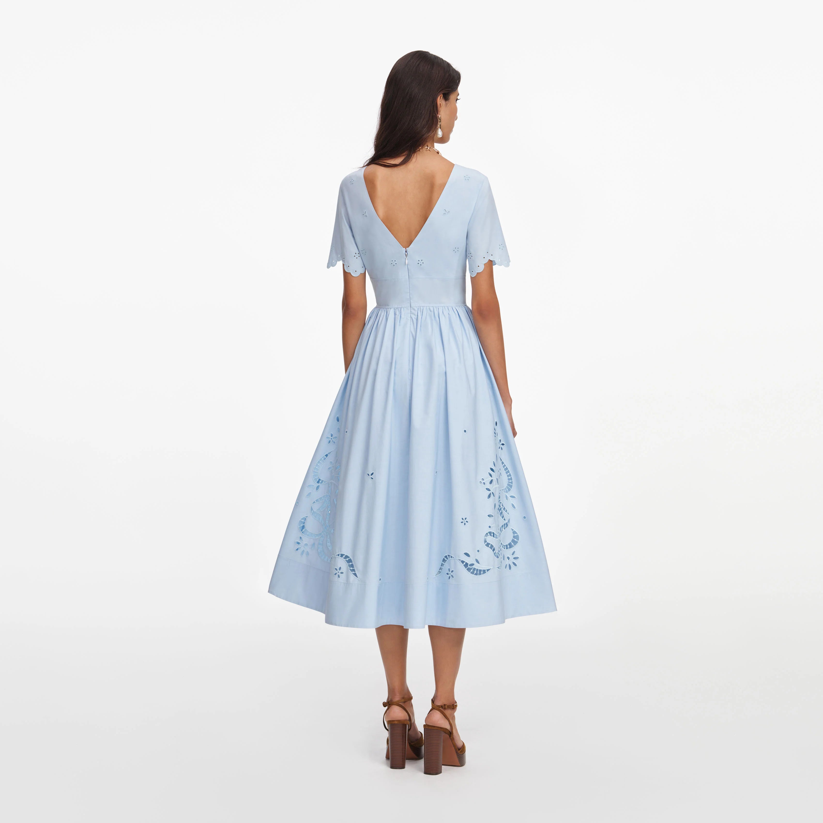 Blue Cotton Embroidered Midi Dress