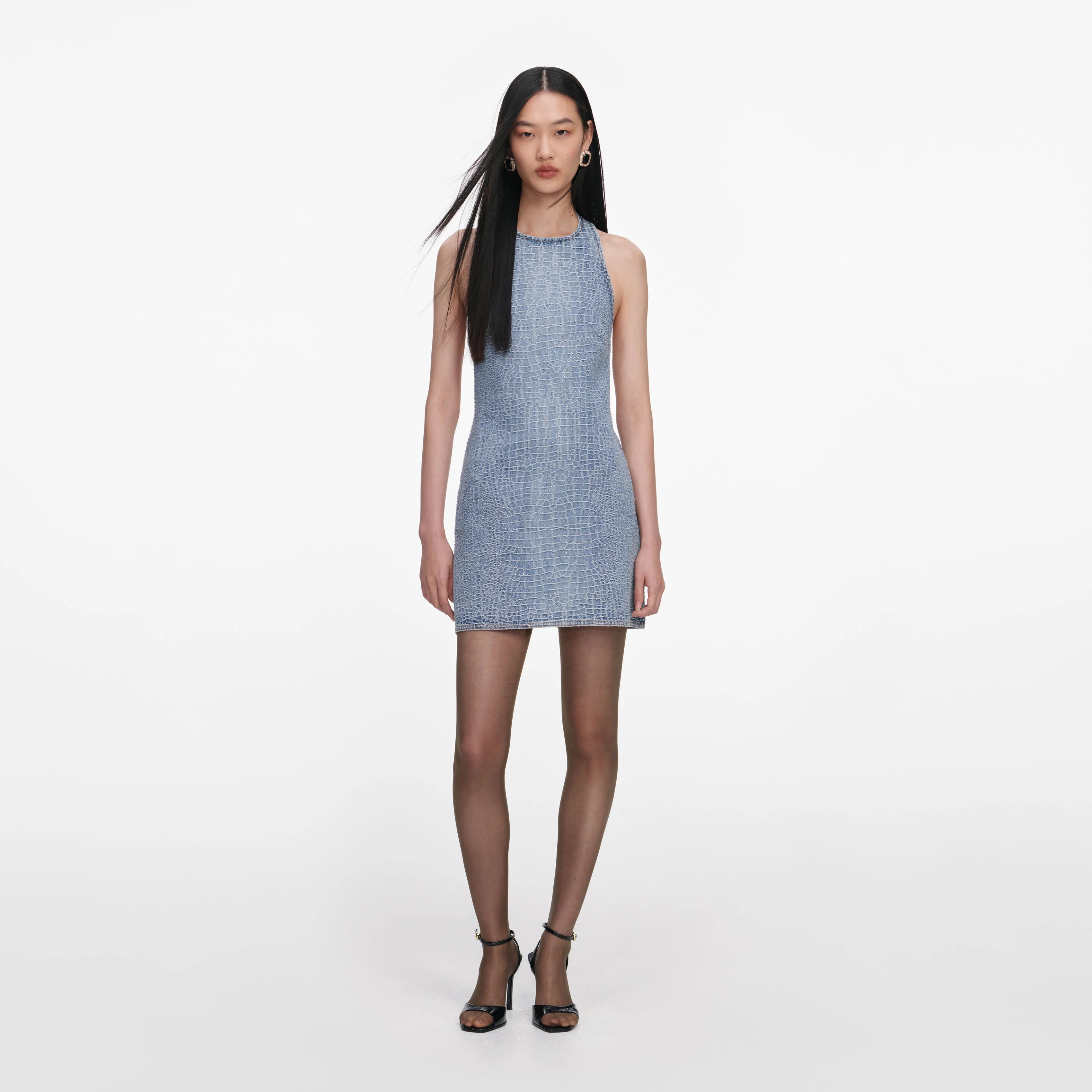 Rhinestone Croc Effect Denim Mini Dress