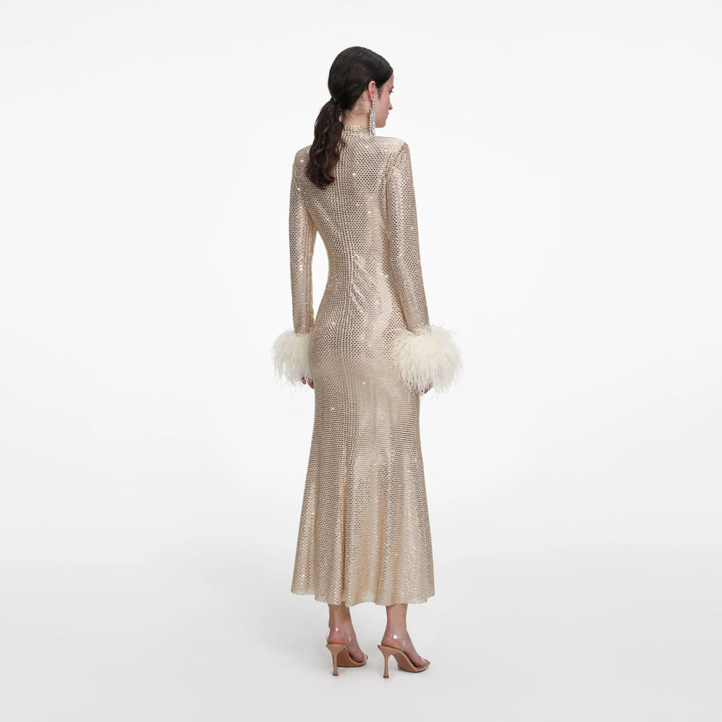 Champagne Rhinestone Feather Midi Dress
