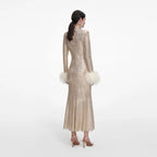 Champagne Rhinestone Feather Midi Dress