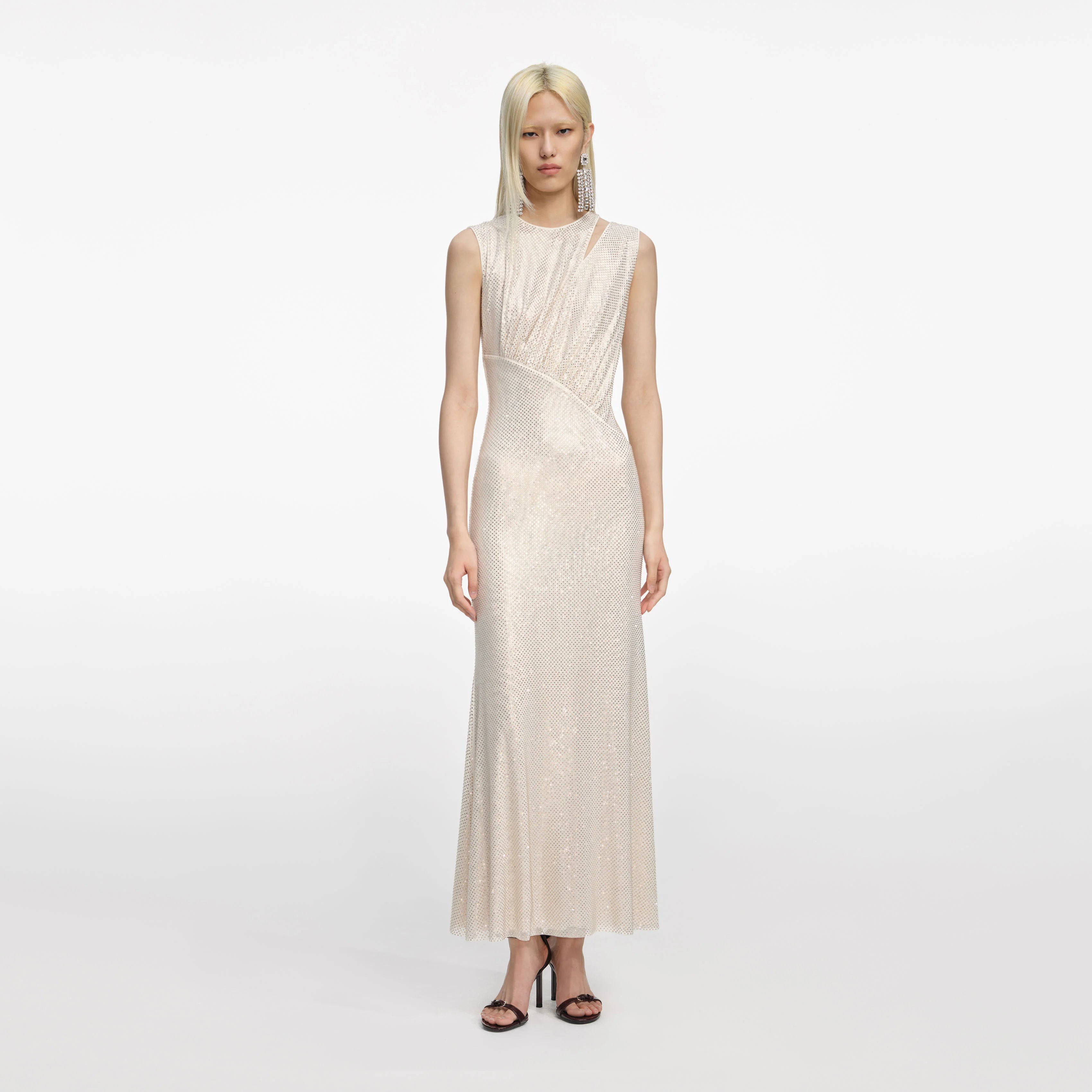Champagne Rhinestone Cut Out Midi Dress