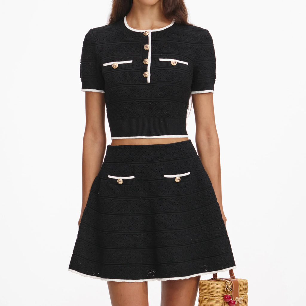 Black Pointelle Knit Mini Skirt