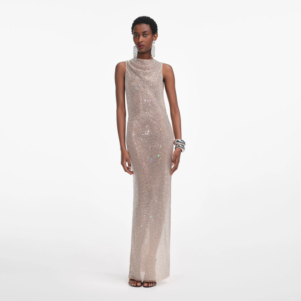 Silver Rhinestone Drape Maxi Dress