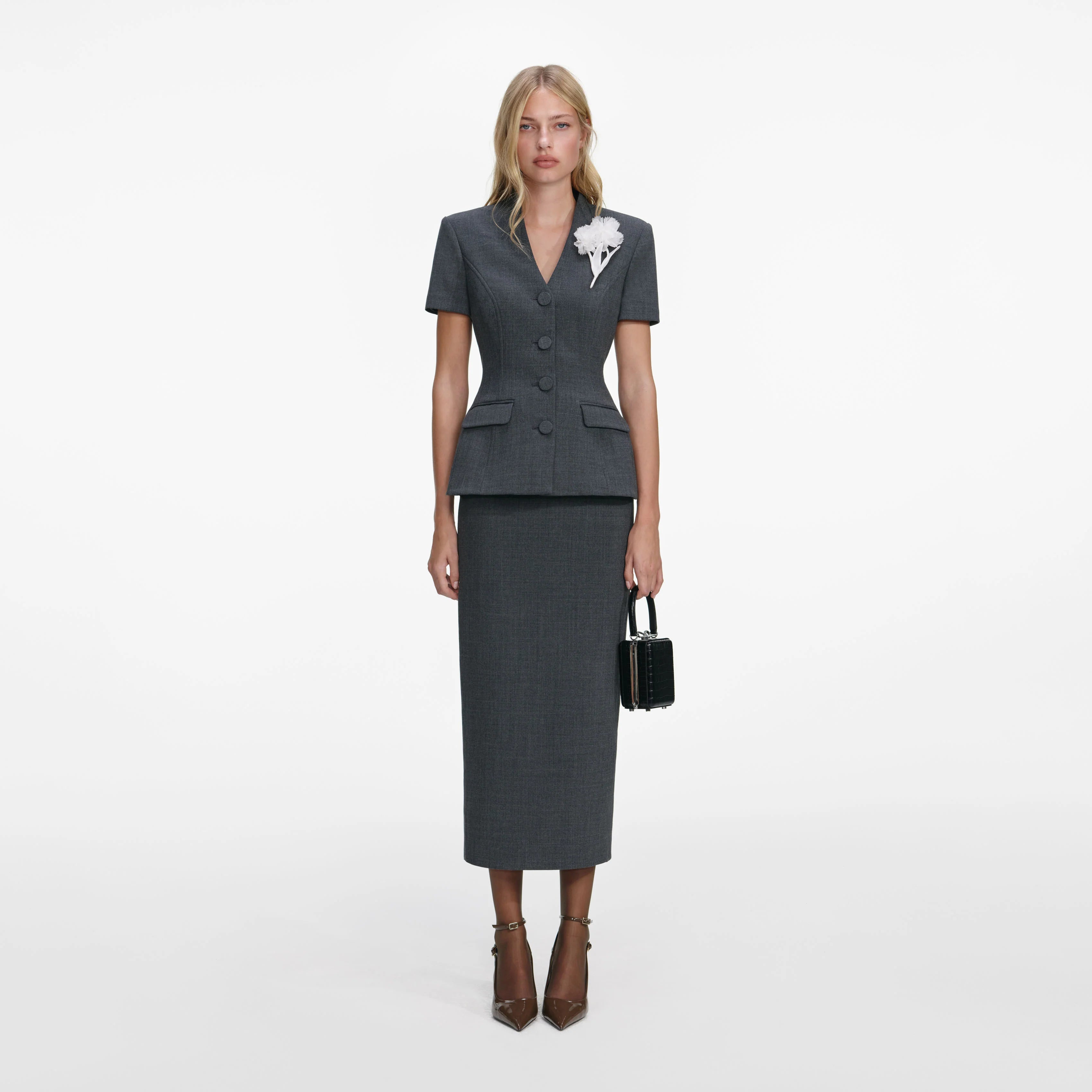 Grey Tailored Flower Detail Midi Dress