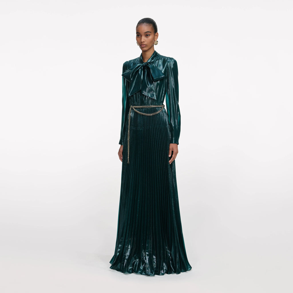 Green Metallic Tie Neck Maxi Dress