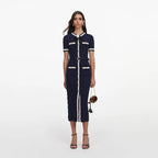 Navy Pointelle Knit Midi Dress
