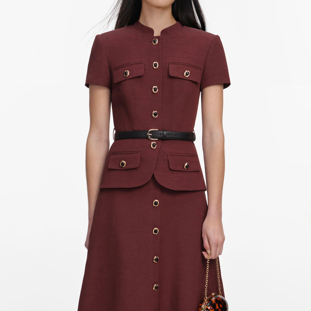 Brown Peplum Linen Blend Midi Dress
