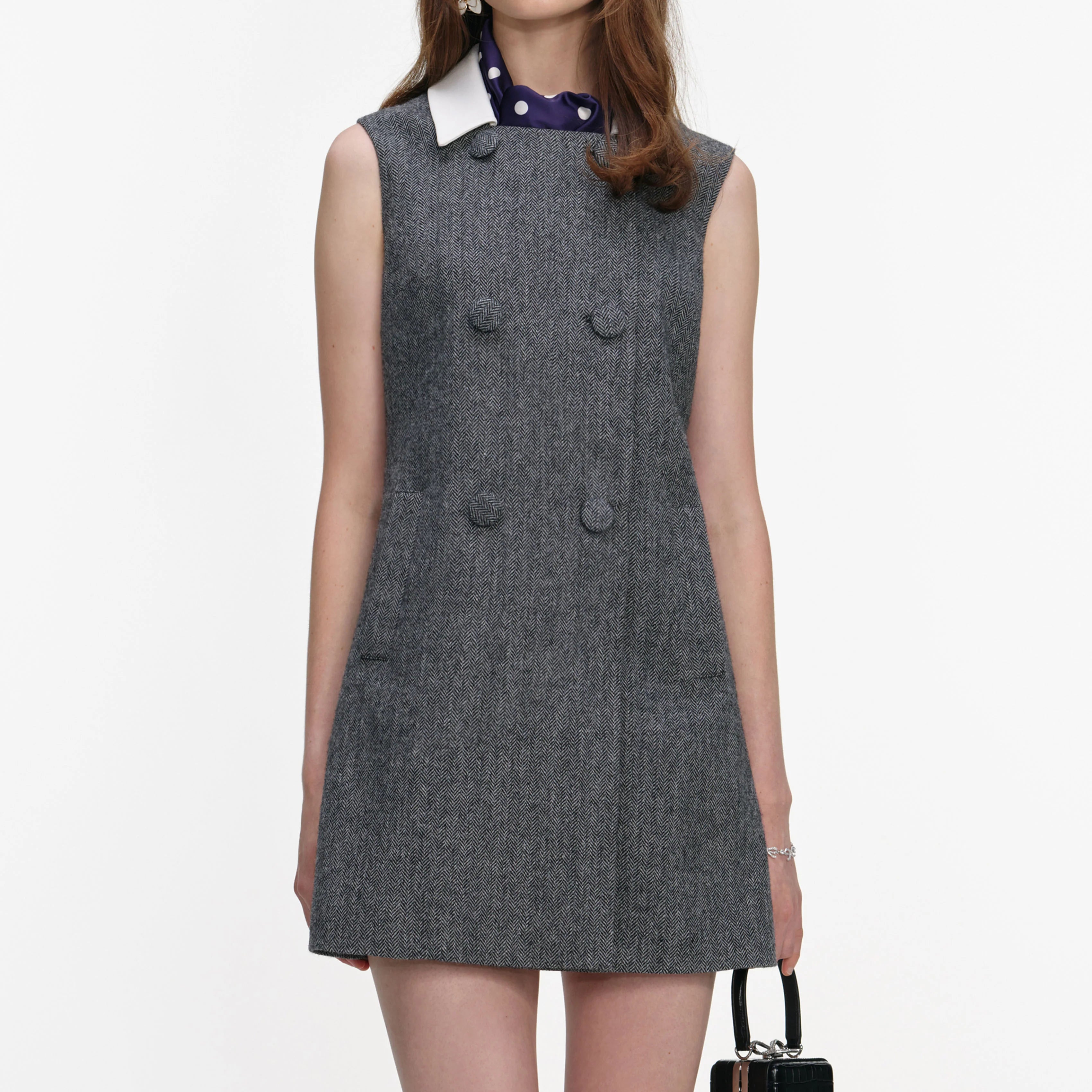 Grey Herringbone Scarf Detail Mini Dress